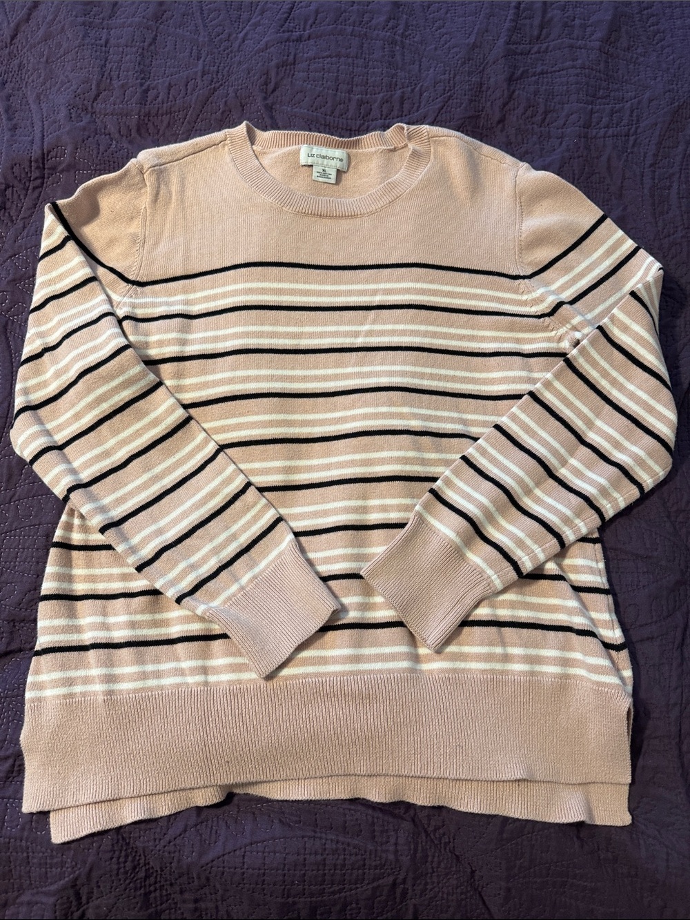 Liz Claiborne Women’s Crewneck Striped Sweater in Blush Pink XL